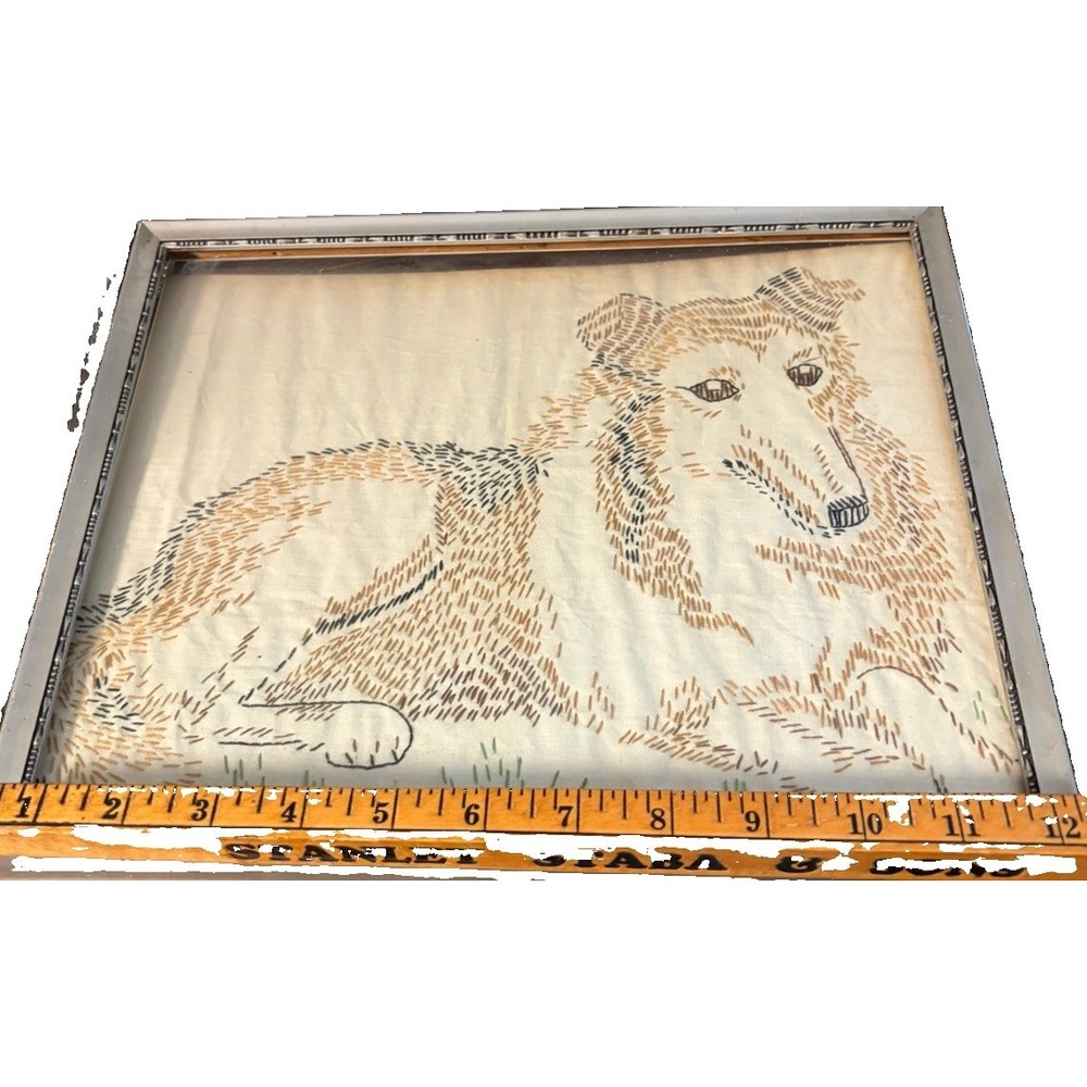 Vintage Hand Embroidered Collie Dog Portrait Framed Textile Art 12x10 Folk Art - Picture 5 of 6